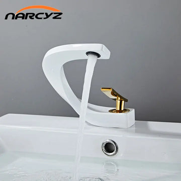 Basin Faucet Brass Hot and Cold Wash Basin Faucet White with Gold Bathroom Basin Modern Minimalist Creative Faucet PP-12085