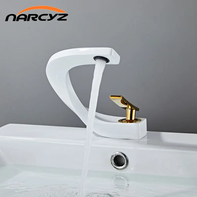 Basin Faucet Brass Hot and Cold Wash Basin Faucet White with Gold Bathroom Basin Modern Minimalist Creative Faucet PP-12085